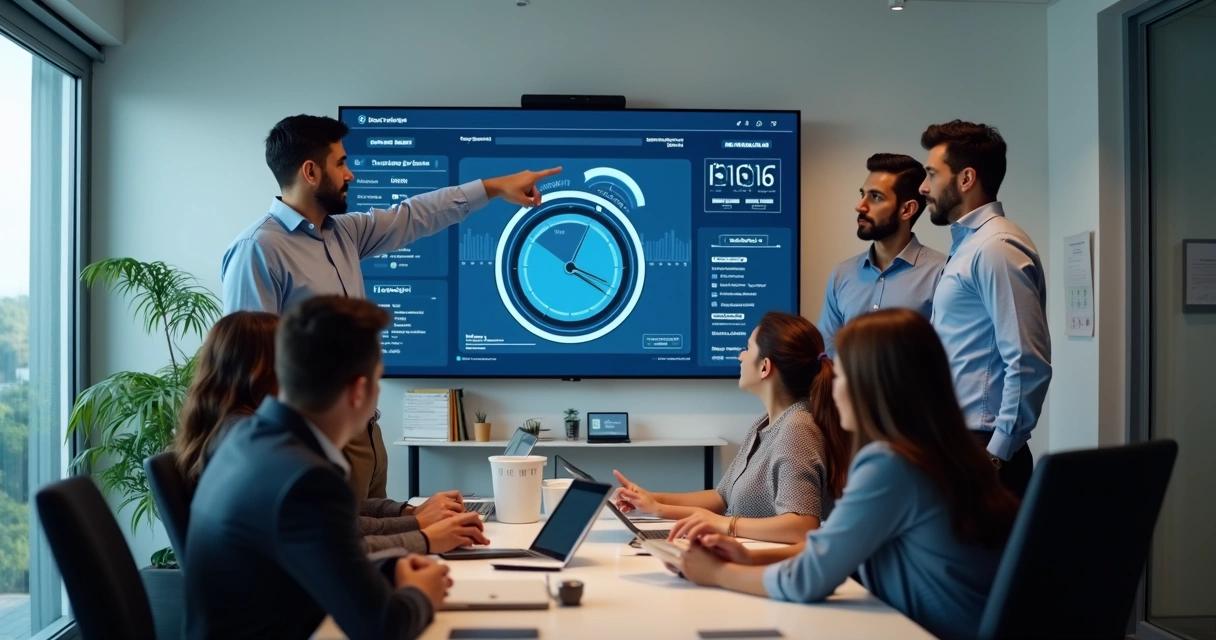 Equipe reunida analisando tela de sistema de ponto digital 