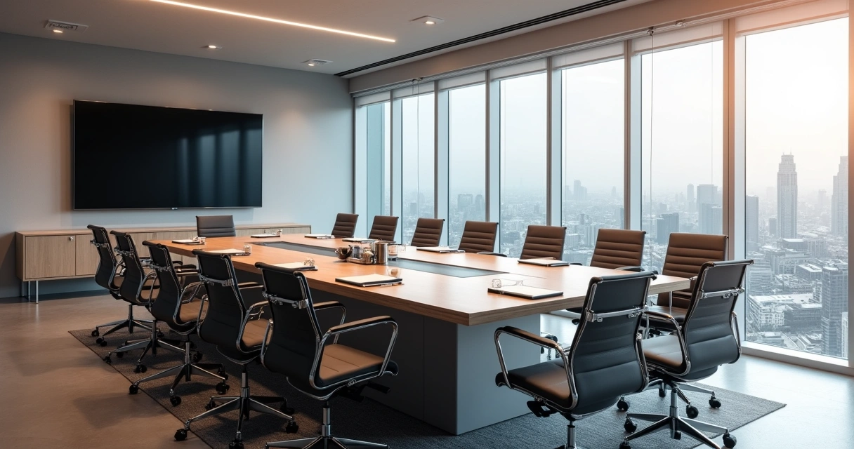 Sala de reunião moderna com mesa grande, várias cadeiras e equipamentos de videoconferência