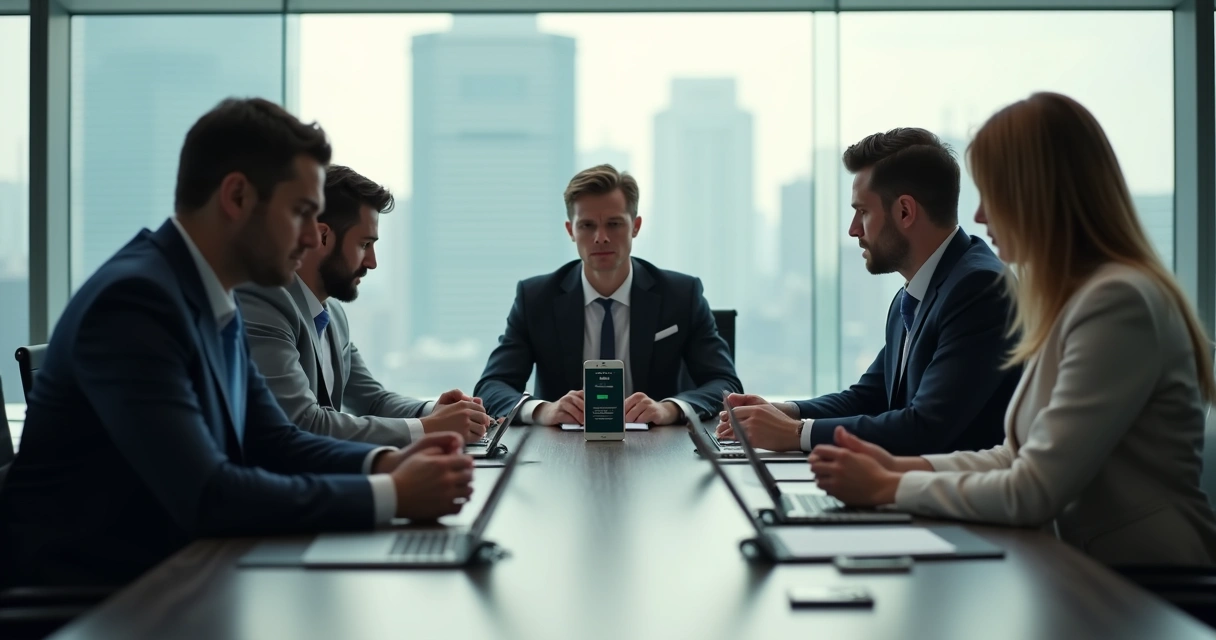 Reunião corporativa com celulares sobre a mesa 
