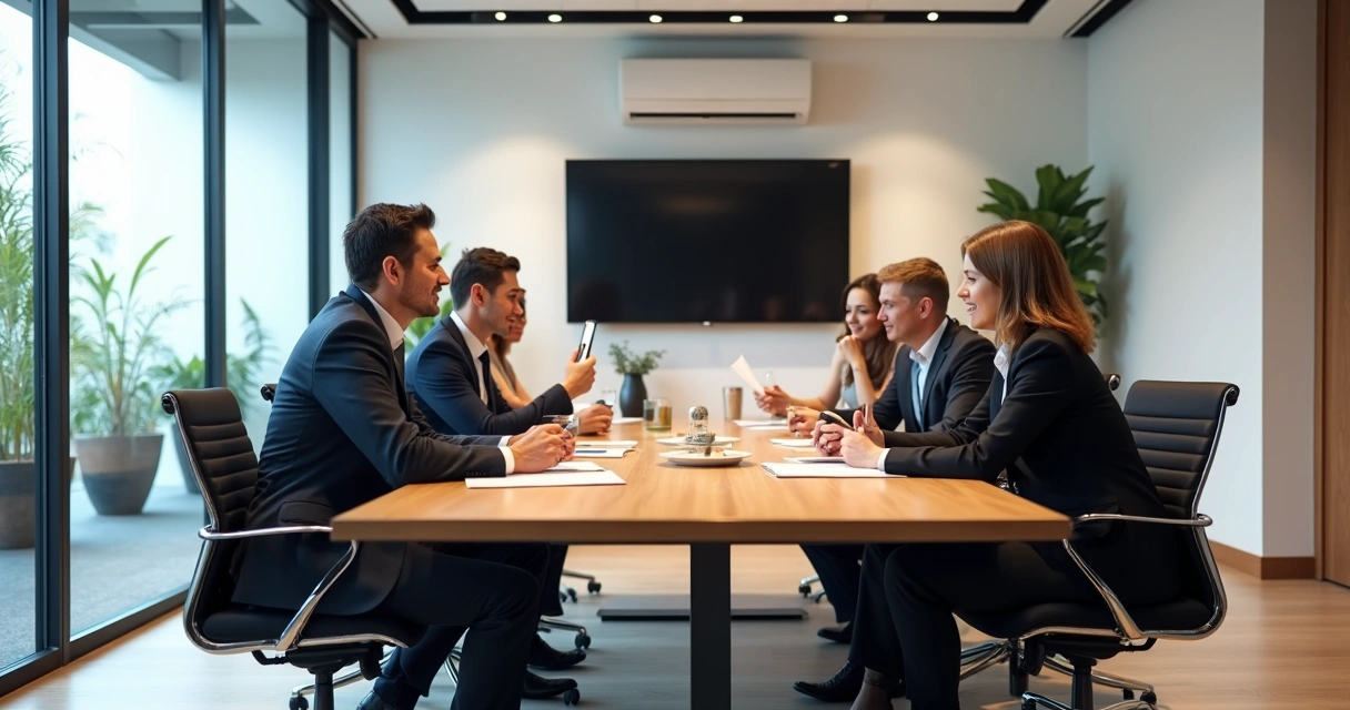 Sala de reunião moderna em coworking com mesa, cadeiras e TV de LED 