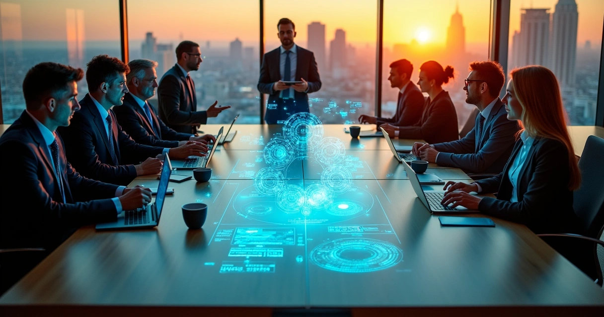 Reunião executiva em sala moderna com projeção holográfica de dados de vendas CRM 