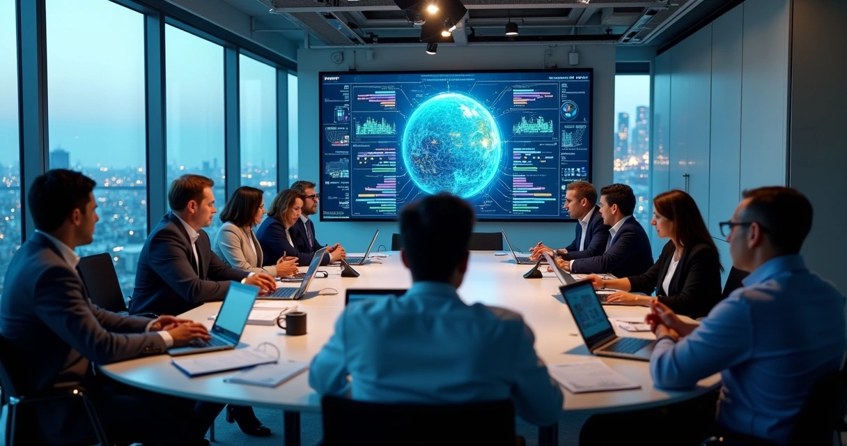 Equipe em reunião analisando dados de IA 