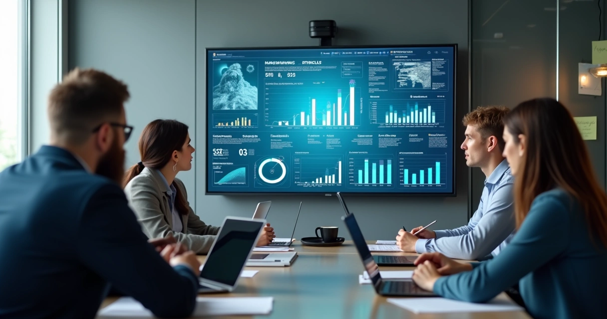 Grupo em reunião vendo relatório automatizado na tela 