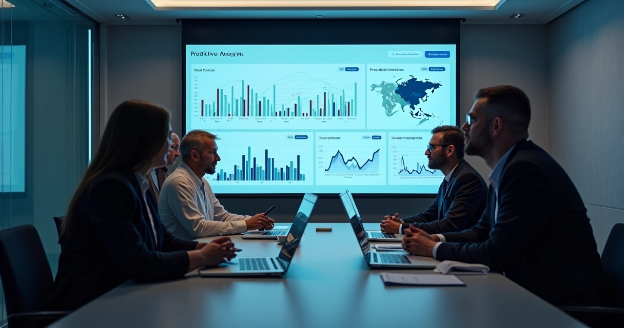 Dashboard de IA em tela grande durante reunião empresarial. 