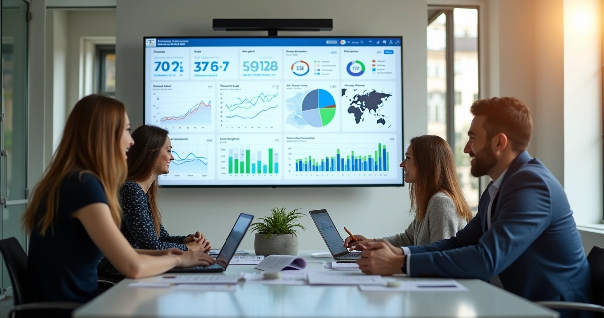 Equipe analisando dashboard de eSocial em sala de reunião 