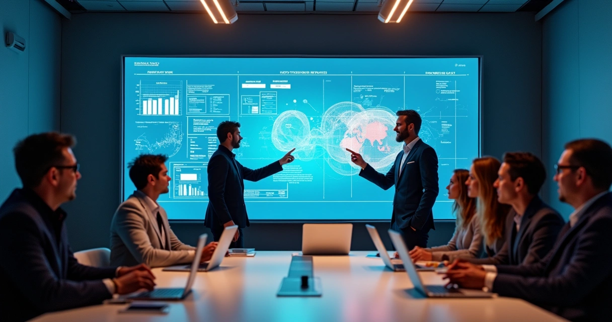 Sala de reunião com equipe discutindo protótipo digital em tela grande. 