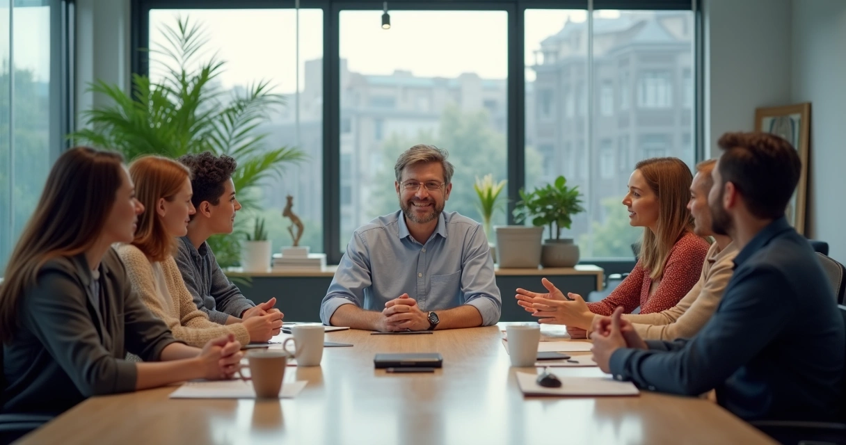Grupo em sala de reunião com pessoas de diferentes gerações conversando 