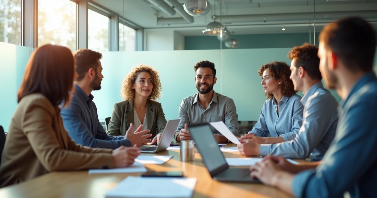 Grupo diverso discutindo em sala de reunião 