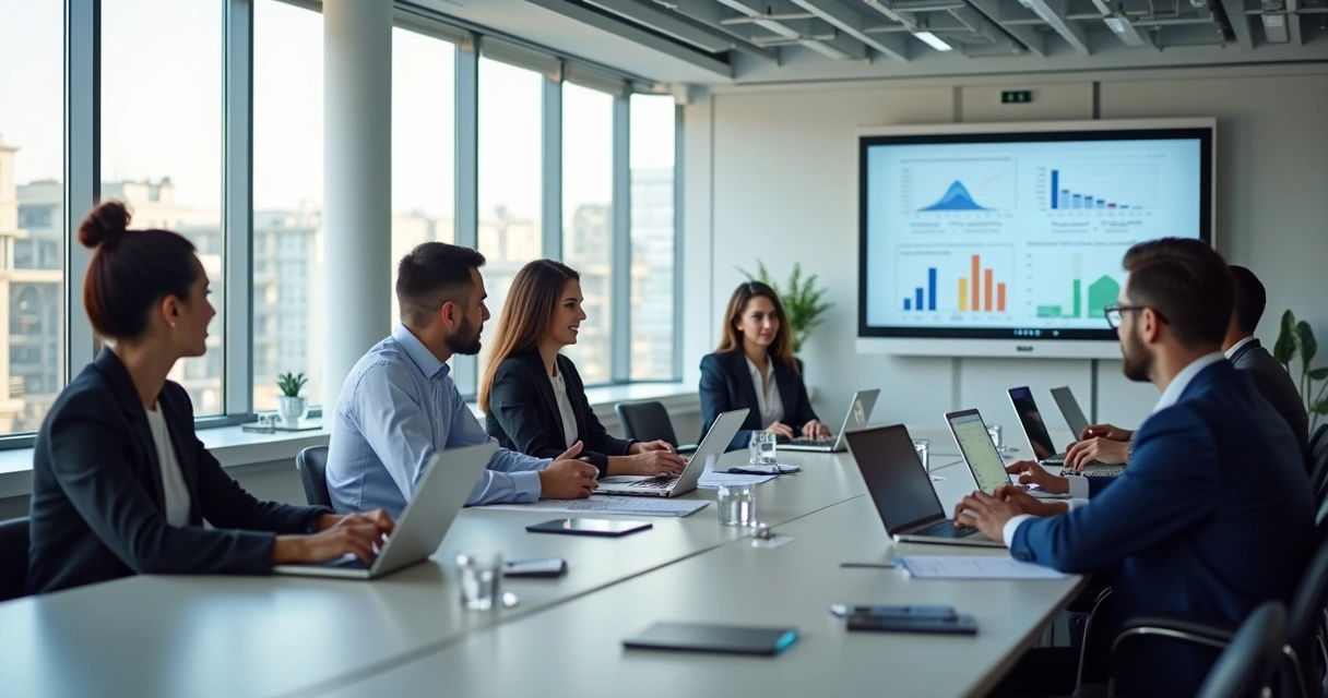 Reunião entre gestores de TI e área fiscal numa sala moderna 