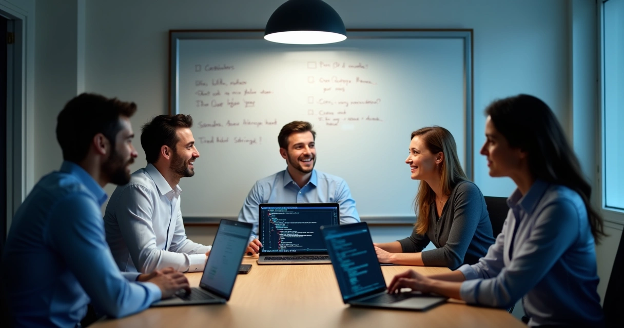 Equipe em reunião analisando se deve optar por customização ou plataforma de mercado 