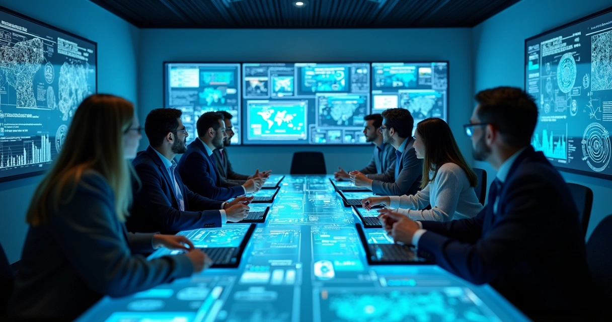 Profissionais em sala de reunião discutindo frente a telas tecnológicas 