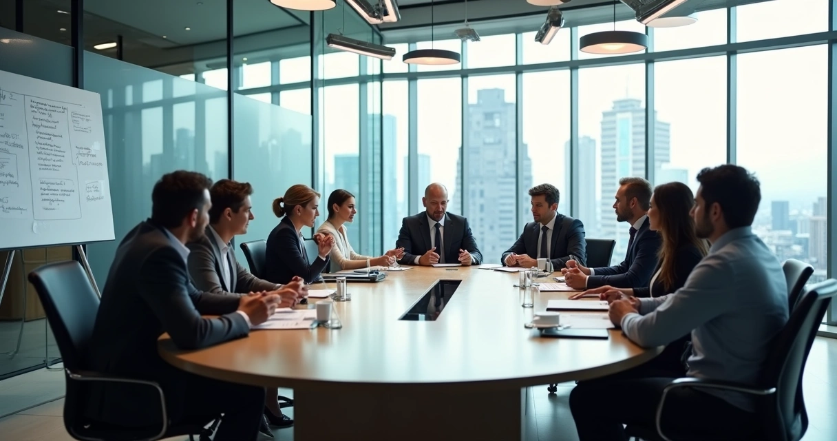 Equipe reunida em sala de reuniões moderna, discutindo em torno de uma mesa oval.