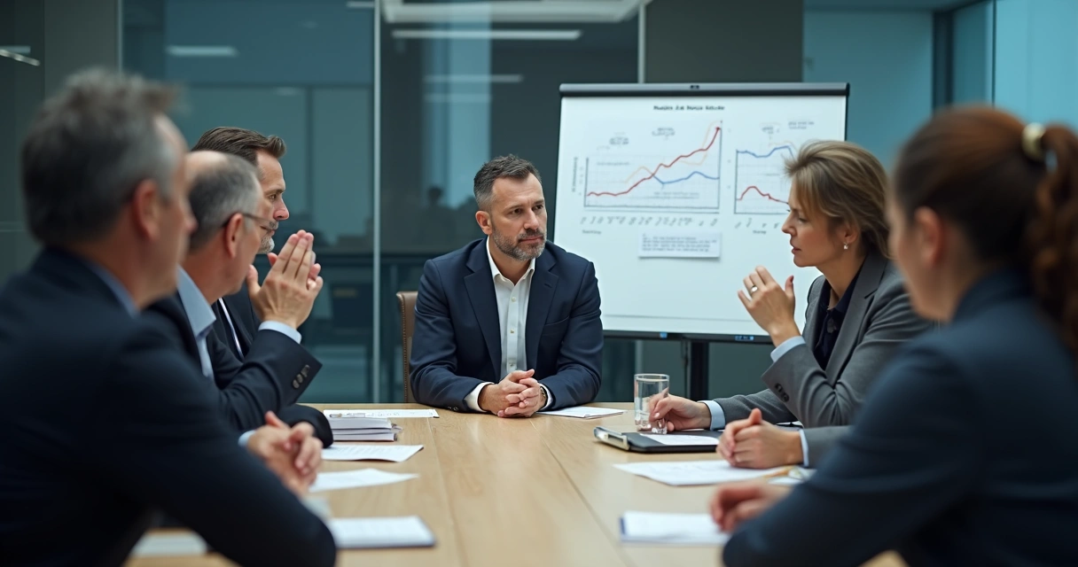Equipe reunida em uma sala de reuniões durante discussão de crise
