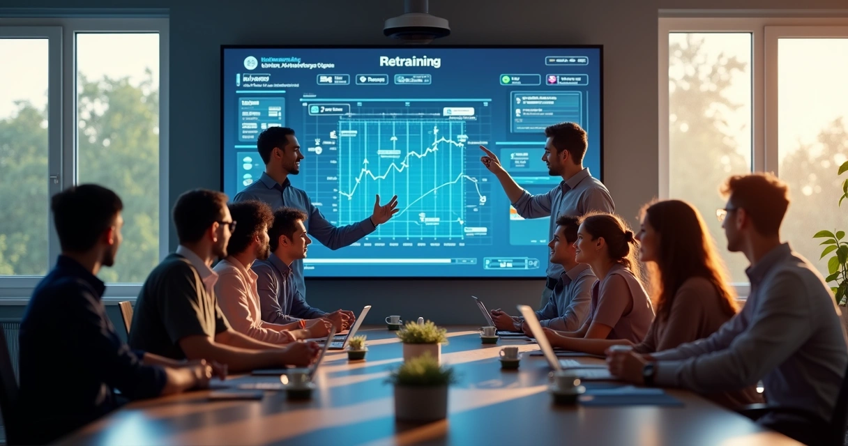 Equipe reunida em sala moderna discutindo atualização de modelos de IA 