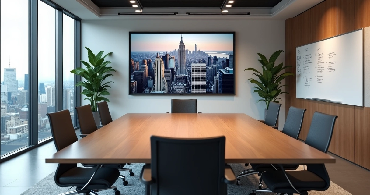 Sala de reunião elegante com tela e mesa para oito pessoas 