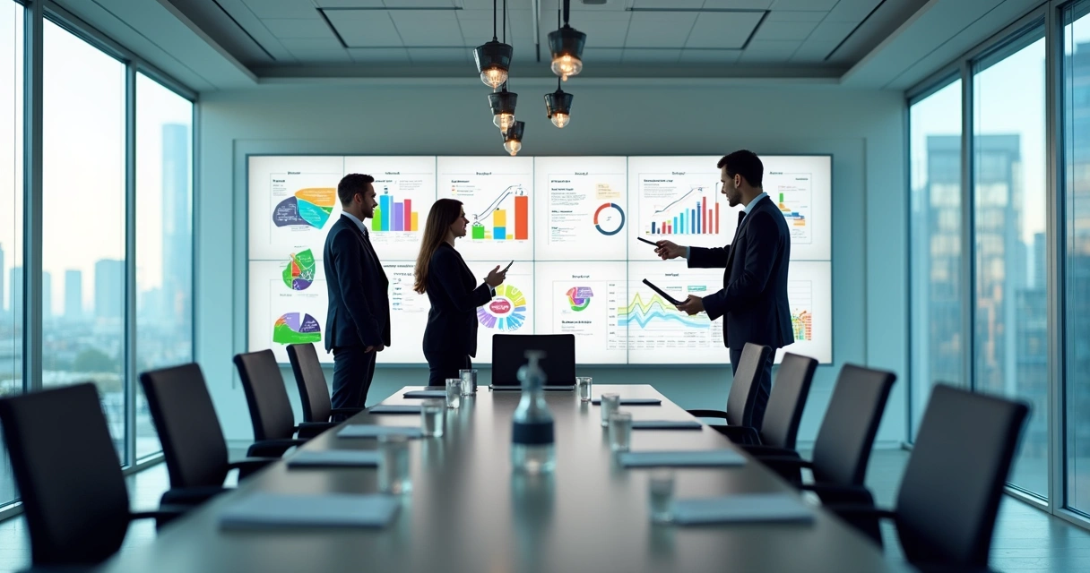 Sala de reunião com líderes discutindo estratégia em frente a quadros brancos 