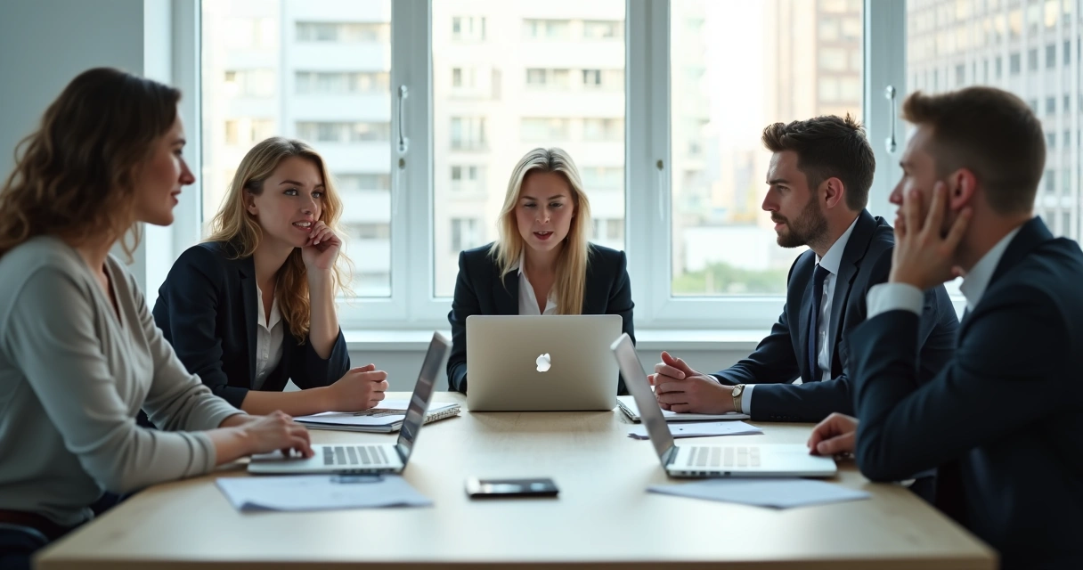 Equipe em sala de reunião expressando emoções diferentes