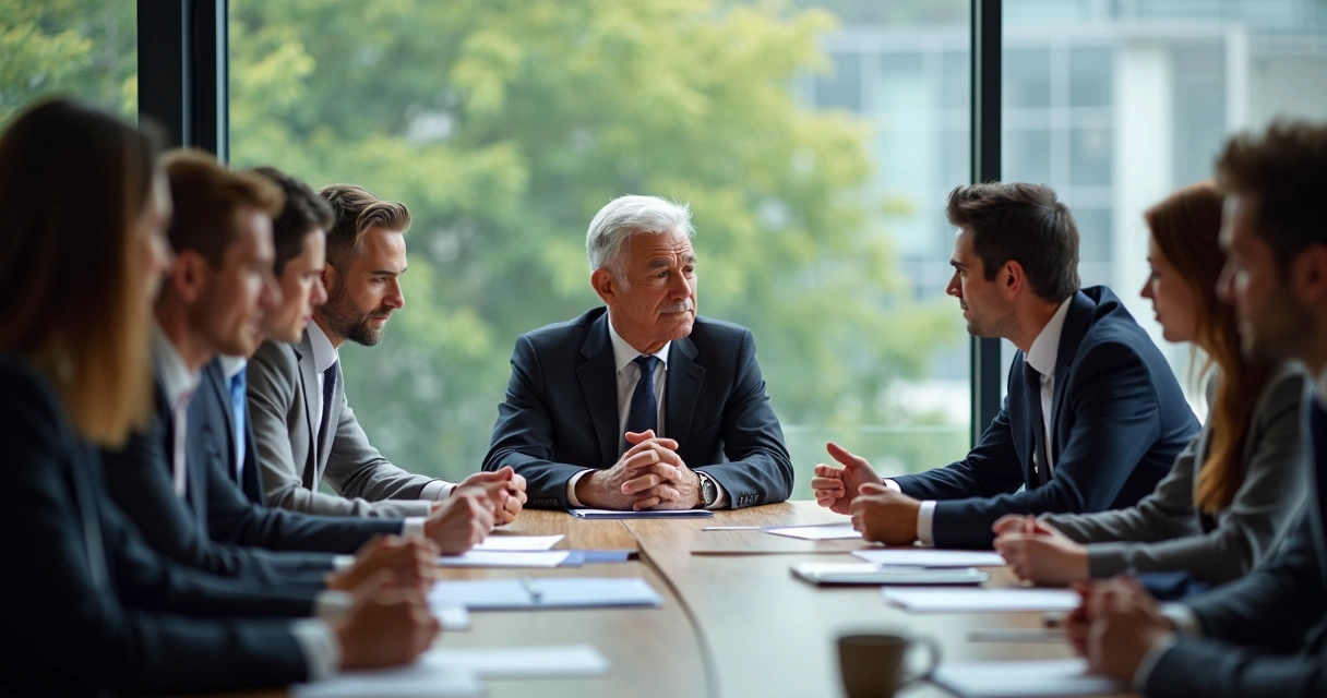 Equipe em reunião de trabalho, cada pessoa com expressão diferente, mostrando cansaço, atenção e desconforto. 