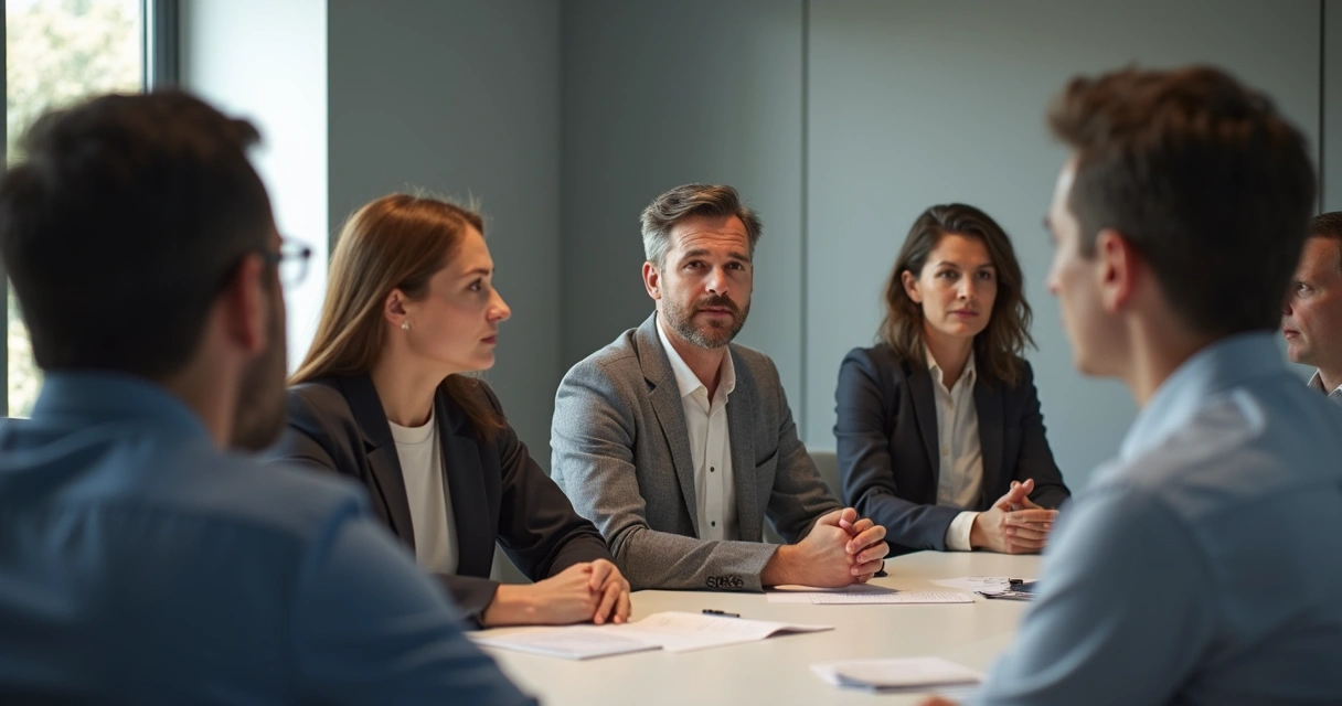 A group of people in a meeting room, some with subtle facial expressions, one person hesitating with their speech. 