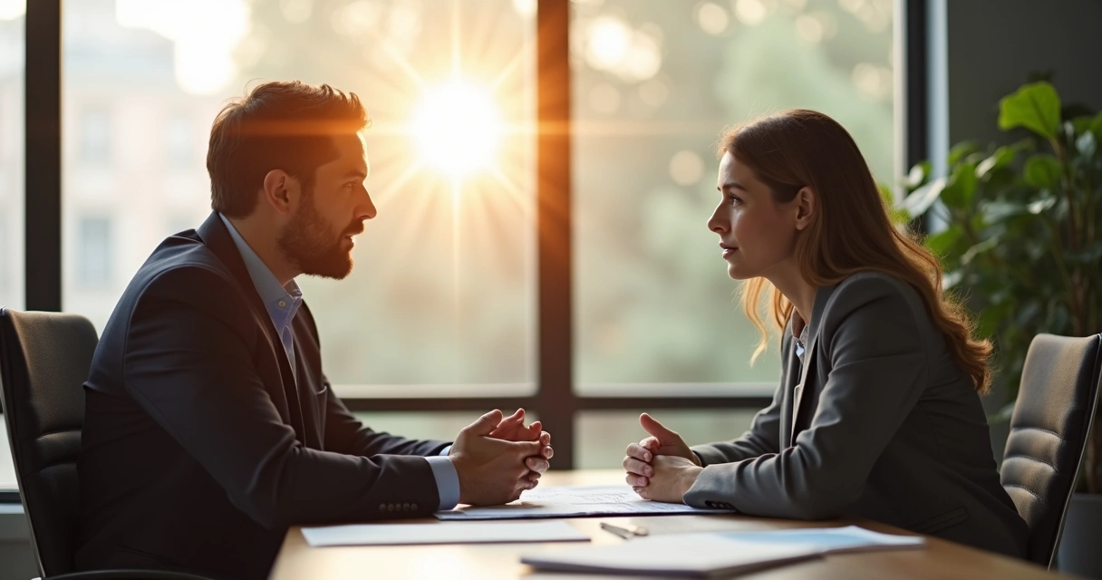 Pessoa ouvindo feedback em uma sala de reunião, olhando atentamente 