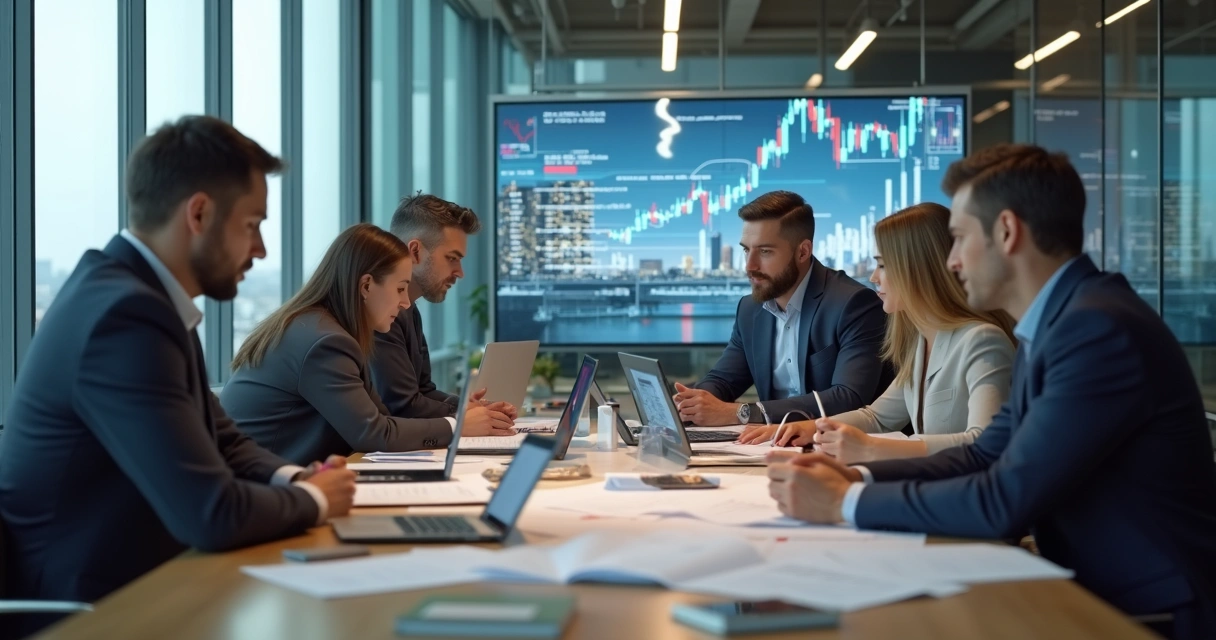 Gestores de fundos de investimento conversando em sala de reunião com documentos e computadores 