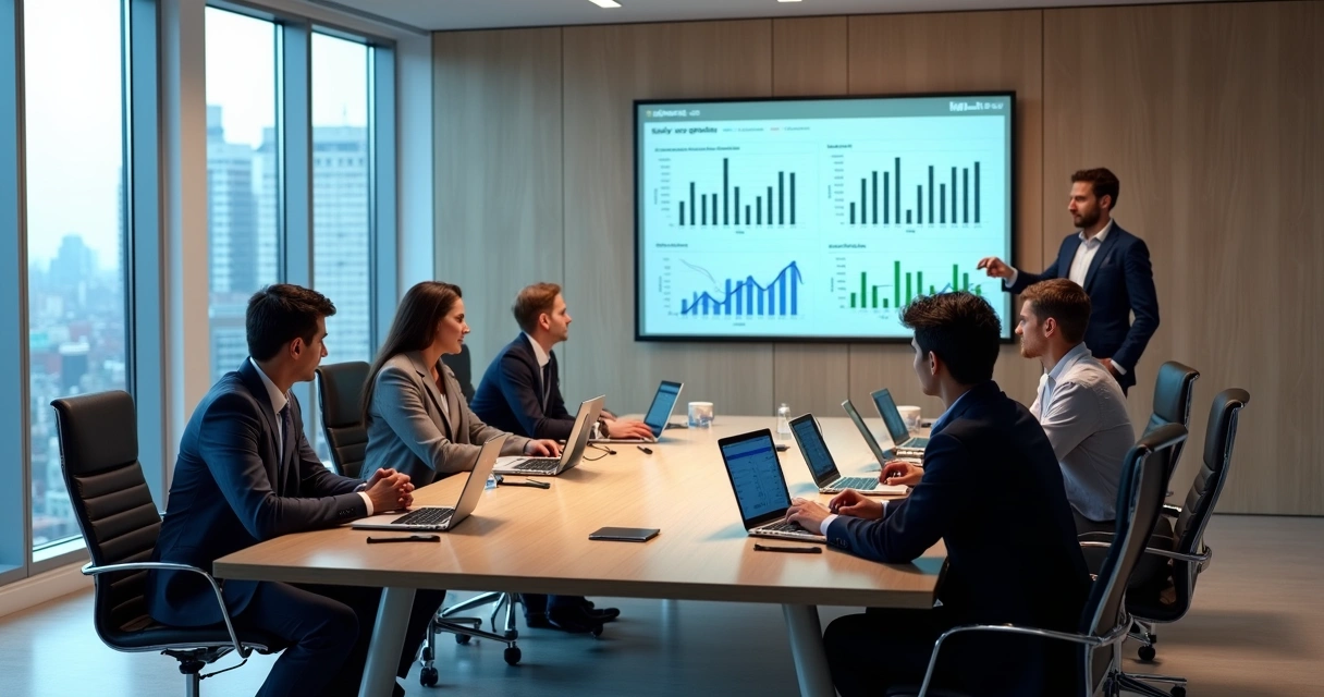 Sala de reunião com profissionais analisando gráficos de fundos imobiliários