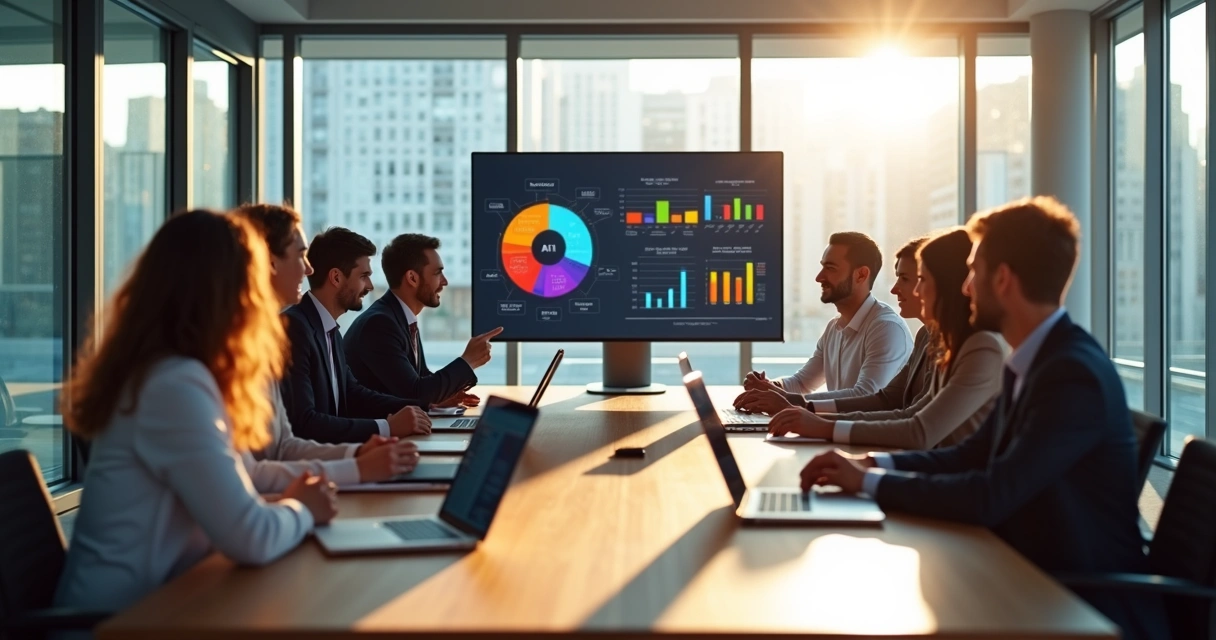 Gestores em reunião empresarial em uma sala moderna