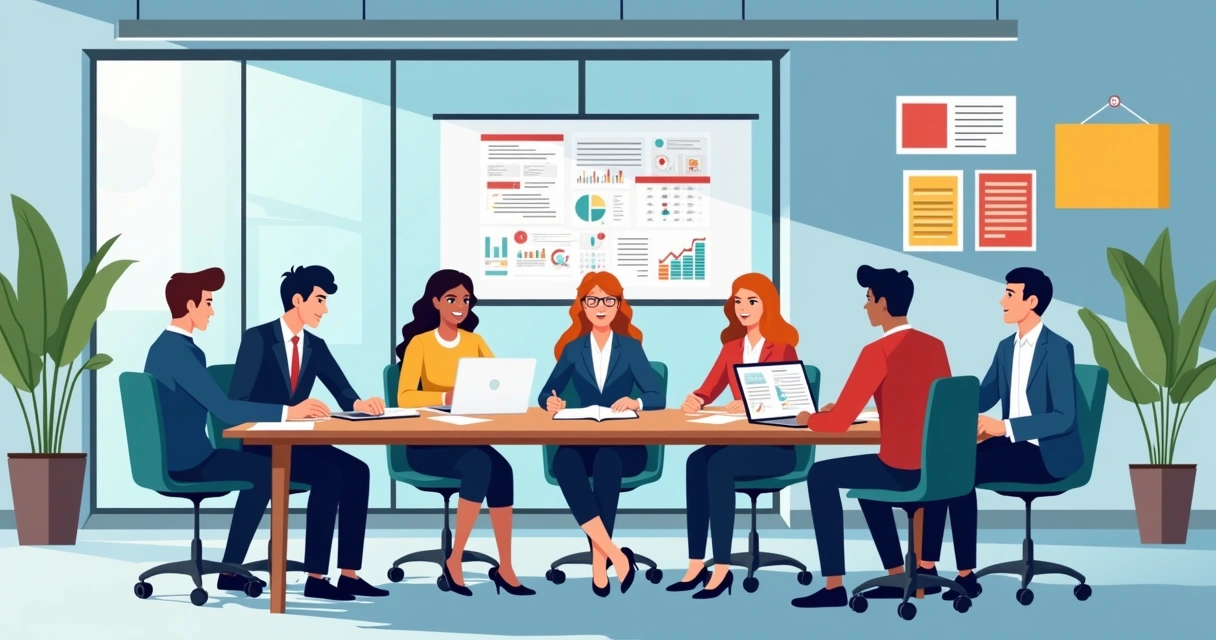 Gestores públicos em reunião organizando campanhas políticas em sala ampla com banners eleitorais 