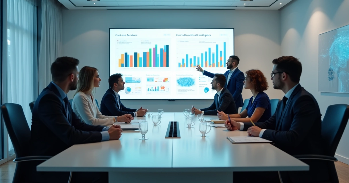 Empresários reunidos em sala de reunião projetando dados em tela sobre redução de custos com IA 