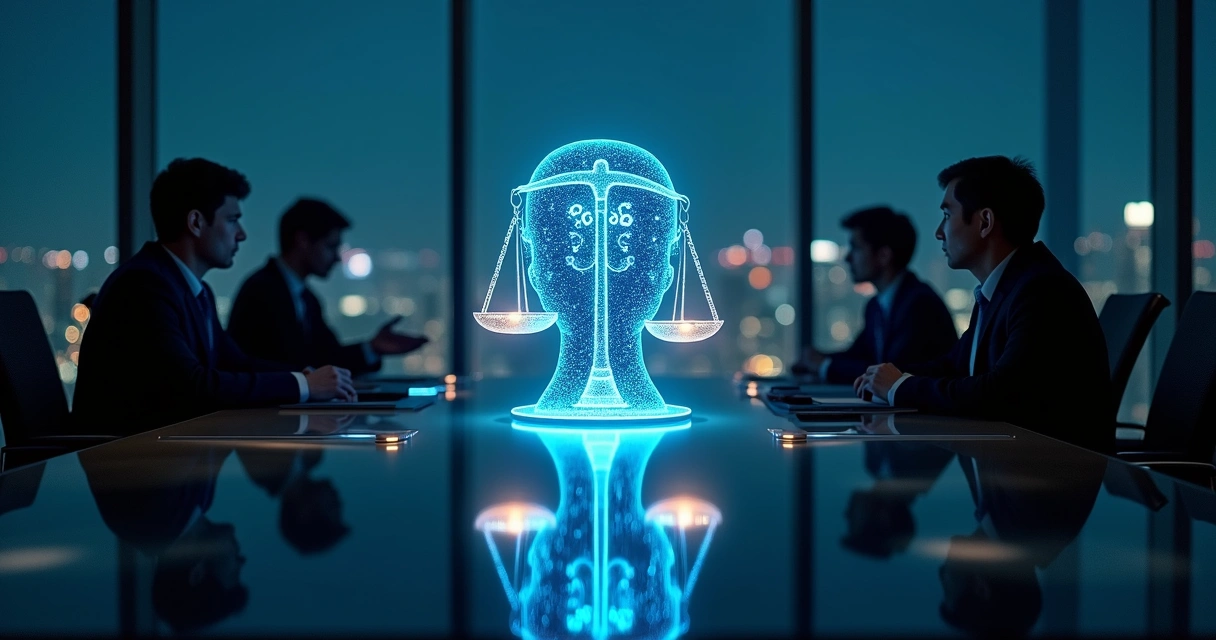Sala de reunião corporativa escura com holograma de inteligência artificial em forma de balança ética 