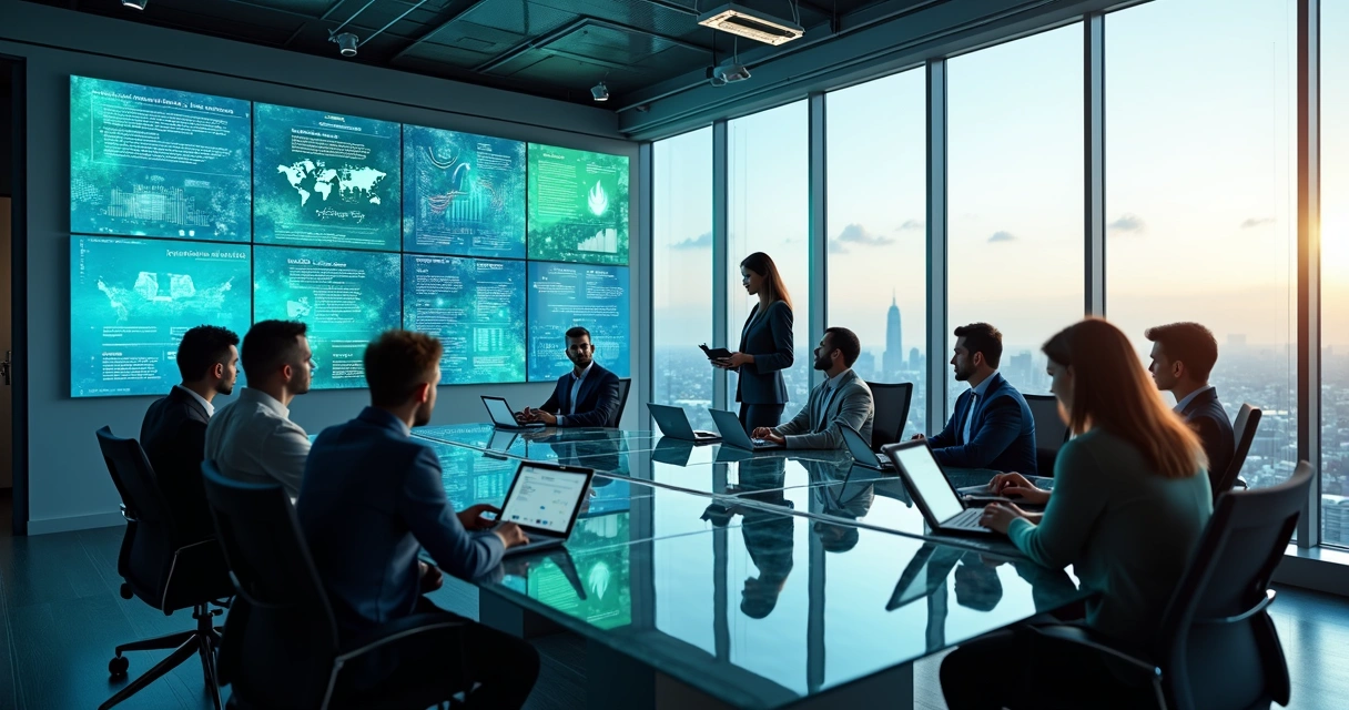 Sala de reunião corporativa com equipe discutindo gráficos de inteligência artificial em telas digitais 