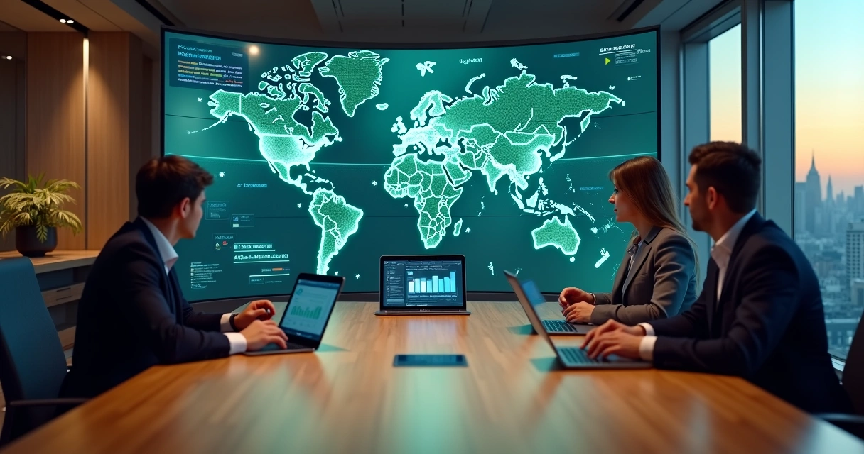 Equipe de imobiliária em sala de reuniões analisando painel digital integrado com IA 