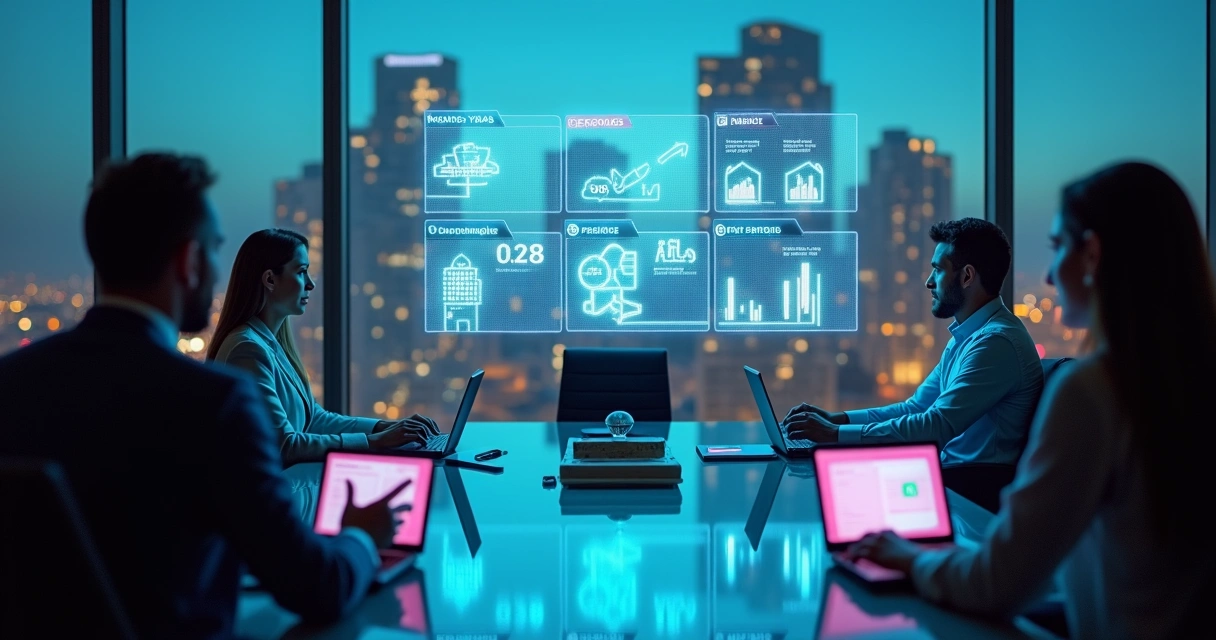 Mesa de reunião de imobiliária com painel holográfico comparando soluções de IA 