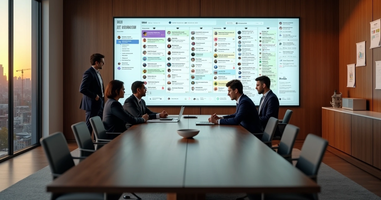 Equipe imobiliária em sala de reunião analisando plataforma de inbox unificado em tela gigante 