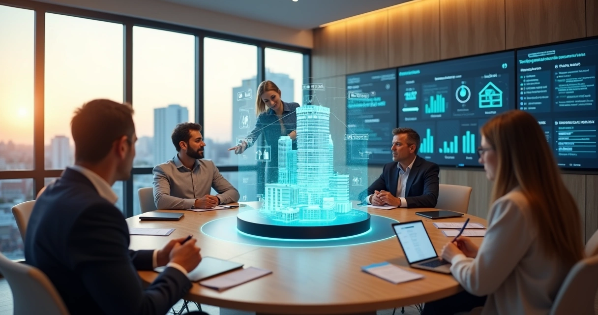Equipe de imobiliária analisando hologramas de dados com auxílio de inteligência artificial 