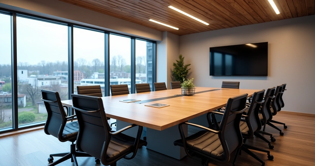 Sala de reunião privativa com mesa grande e monitor moderno 