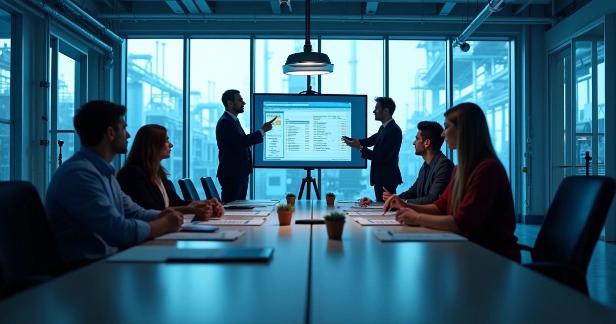 Equipe discutindo passagem de bastão em sala de reunião industrial 