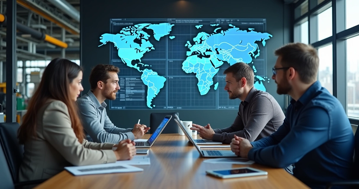 Reunião de gestores industriais discutindo dados em painel digital 