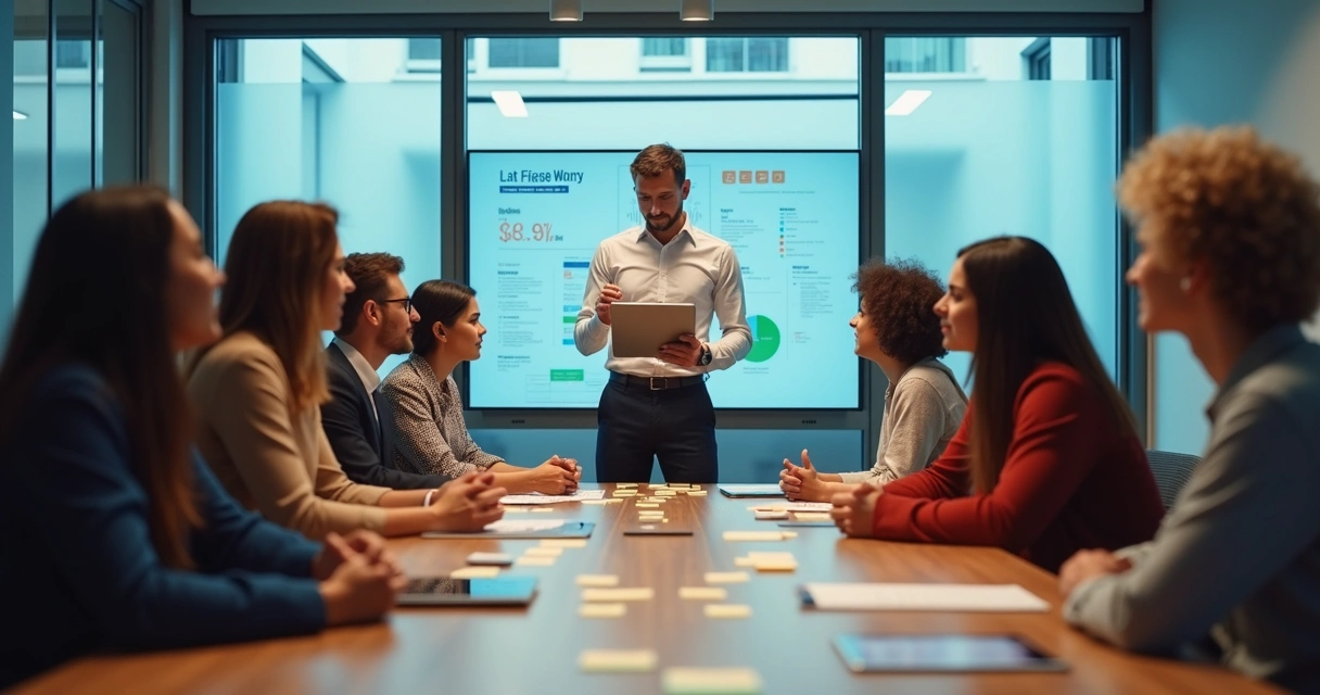 Equipe faz reunião em sala moderna, discutindo ideias com telas digitais ao fundo 