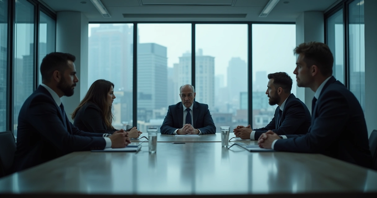 Sala de reunião institucional com clima de tensão 