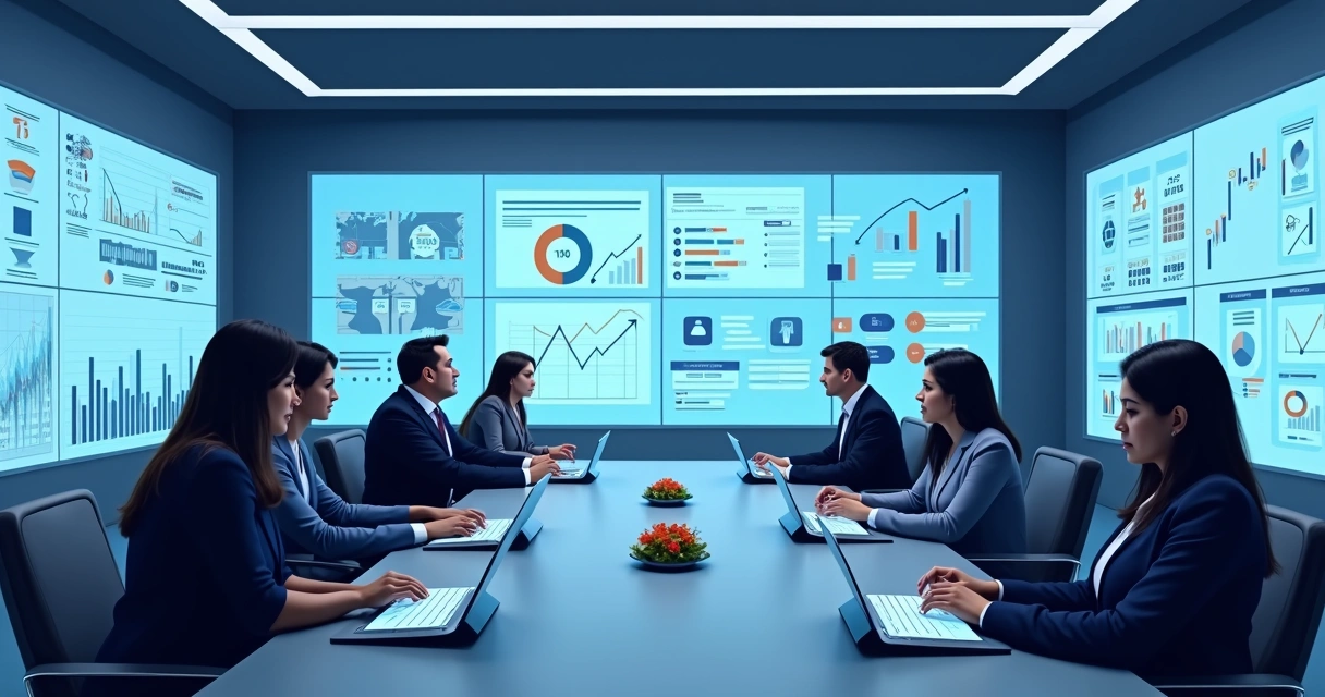 Executivos reunidos em sala de reunião com gráficos e elementos de inteligência artificial em painéis digitais 