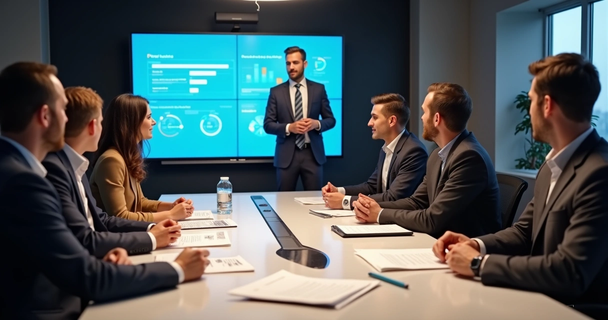 Sala de reunião com vários investidores olhando análise de documentos de uma startup 