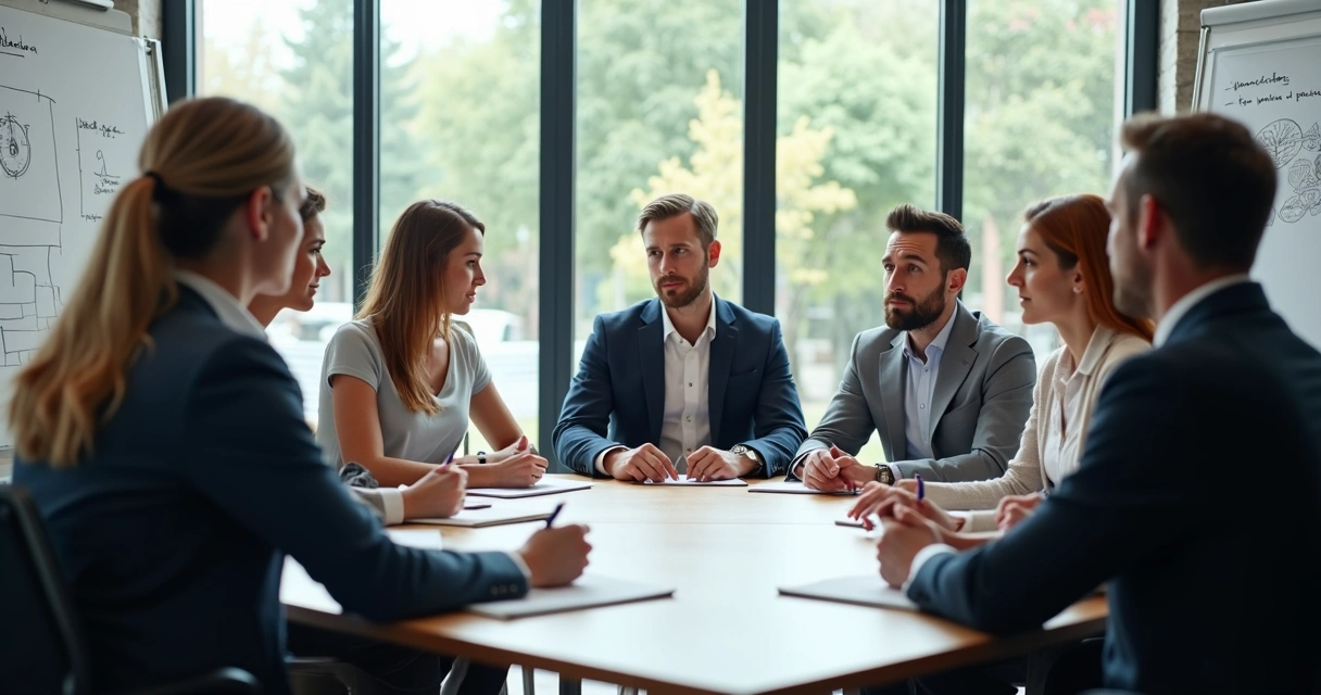 Reunião de líderes em sala, olhar atencioso e quadro de anotações ao fundo 