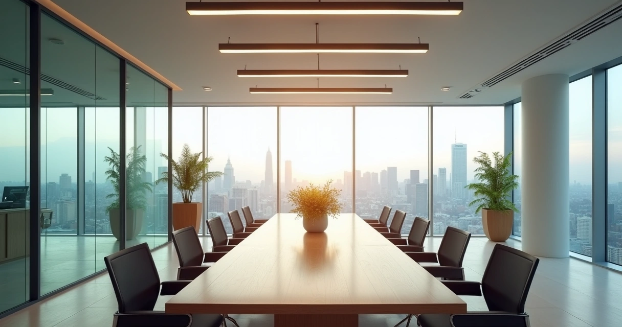 Sala de reunião com grande janela, mesa e cadeiras ergonomicamente distribuídas 