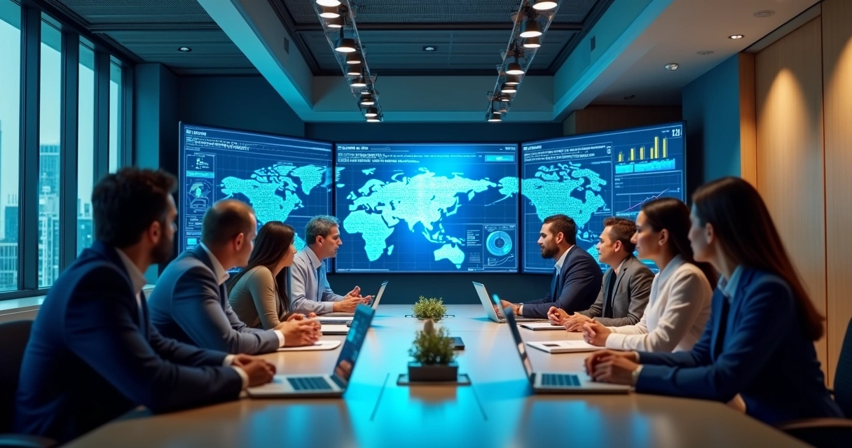 Equipe reunida em sala moderna discutindo estratégias de marketplace com telas digitais ao redor 