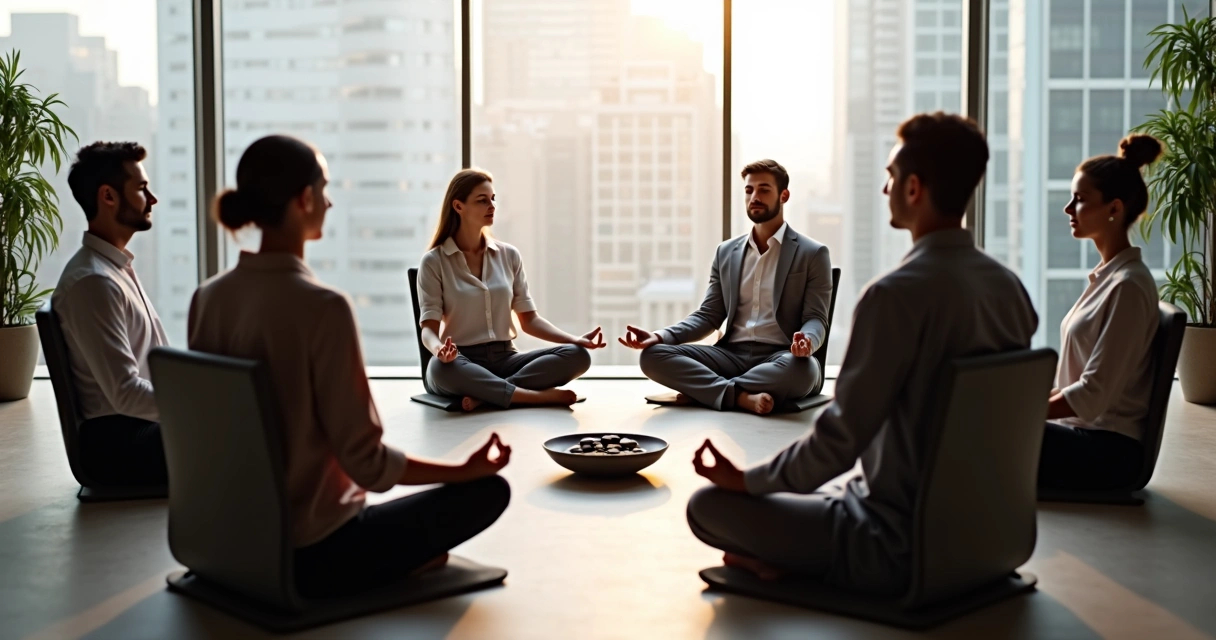 Equipe de negócios meditando sentados em círculo numa sala de reunião 