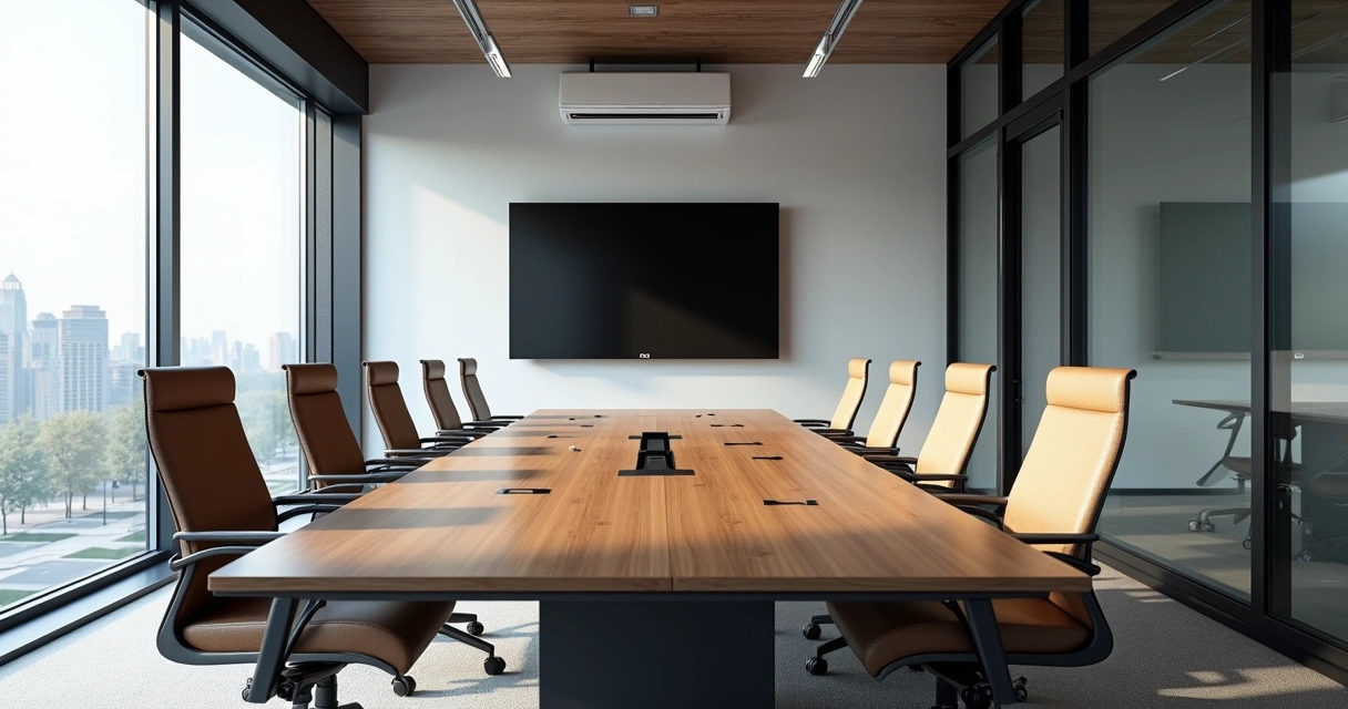Sala de reunião moderna com mesa grande, cadeiras ergonômicas e TV para videoconferência