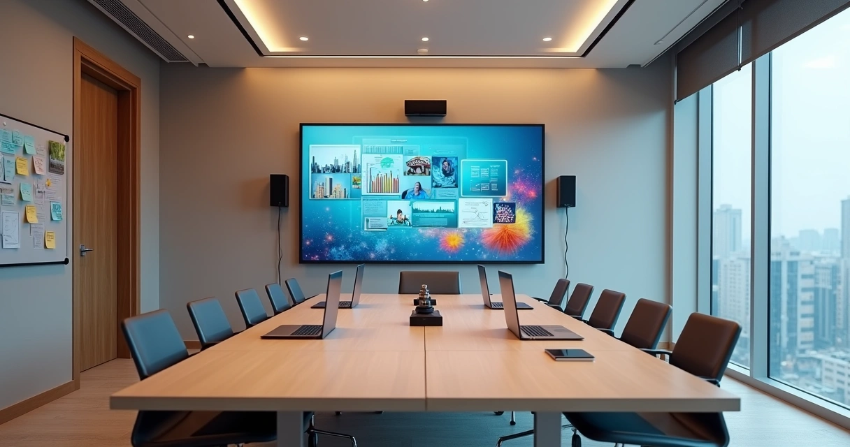 Sala de reunião moderna com grande tela digital e recursos multimídia avançados 