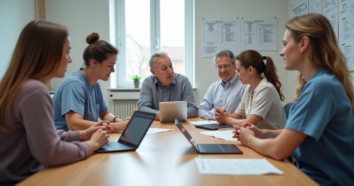 Equipe multiprofissional discutindo documentos acessíveis em uma reunião na clínica de reabilitação 