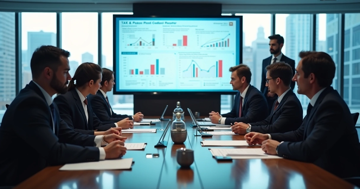 Executivos em reunião analisando documentos de fusão e aquisição